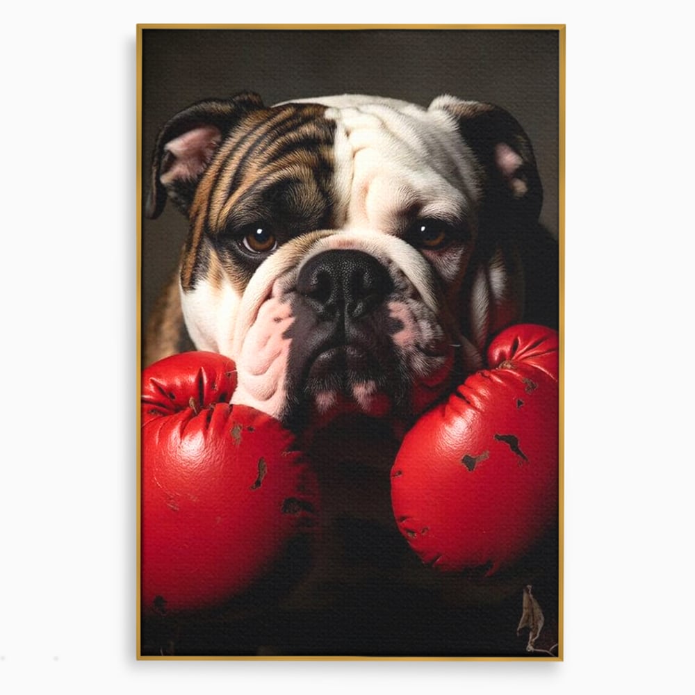 Tablou canvas cu tablou canvas cu bulldog in manusi de box, in rama de aluminiu auriu