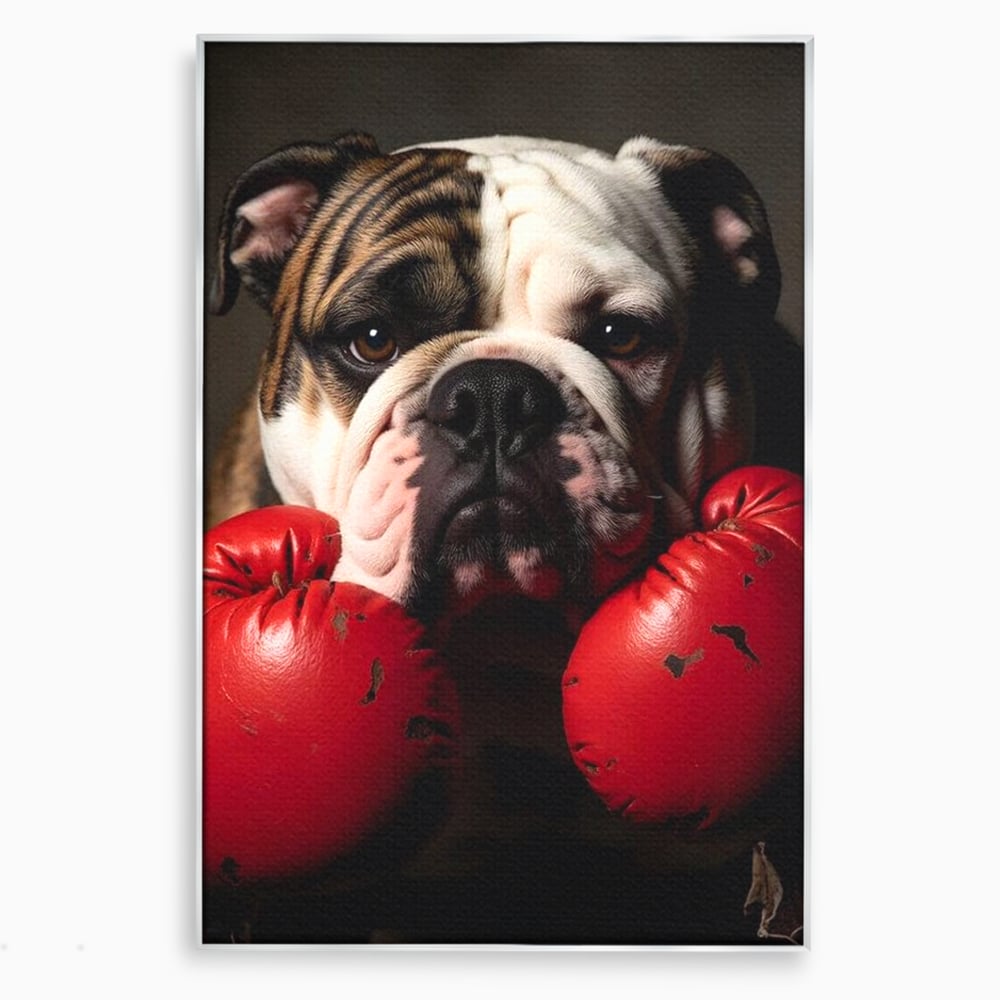 Tablou canvas cu tablou canvas cu bulldog in manusi de box, in rama de aluminiu argintiu