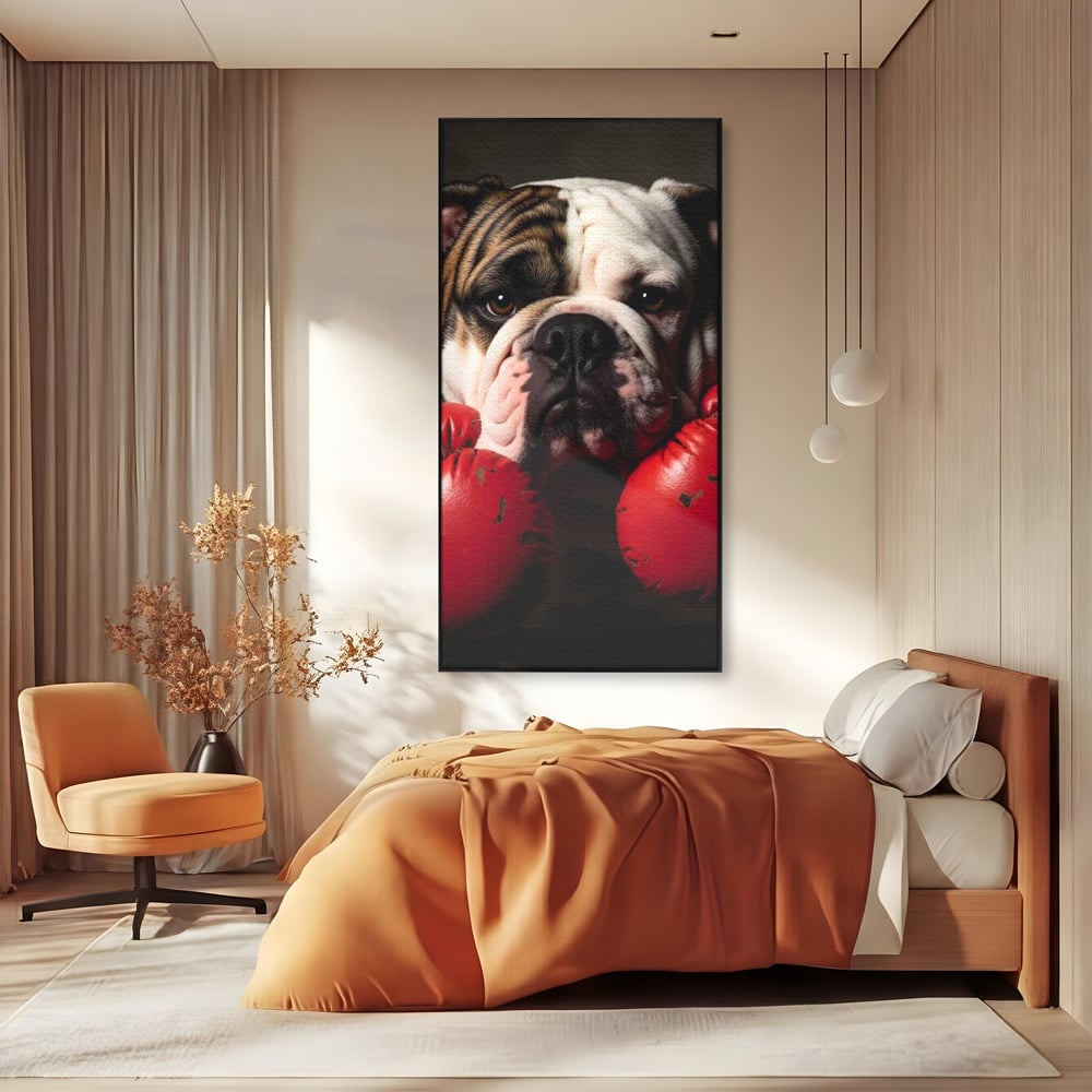 Tablou canvas cu tablou canvas cu bulldog in manusi de box, in rama de aluminiu negru, pe perete intr-un dormitor