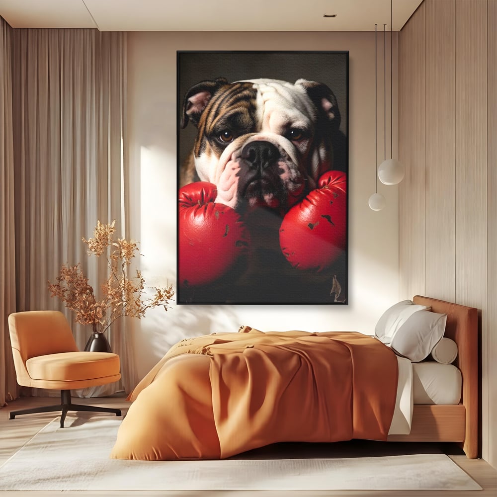 Tablou canvas cu tablou canvas cu bulldog in manusi de box, in rama de aluminiu negru, pe perete intr-un dormitor