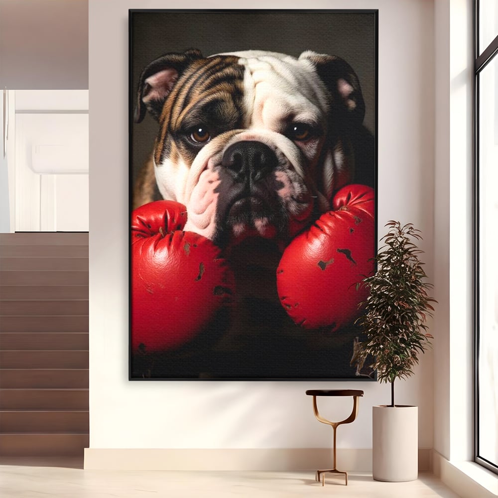 Tablou canvas cu tablou canvas cu bulldog in manusi de box, in rama de aluminiu negru