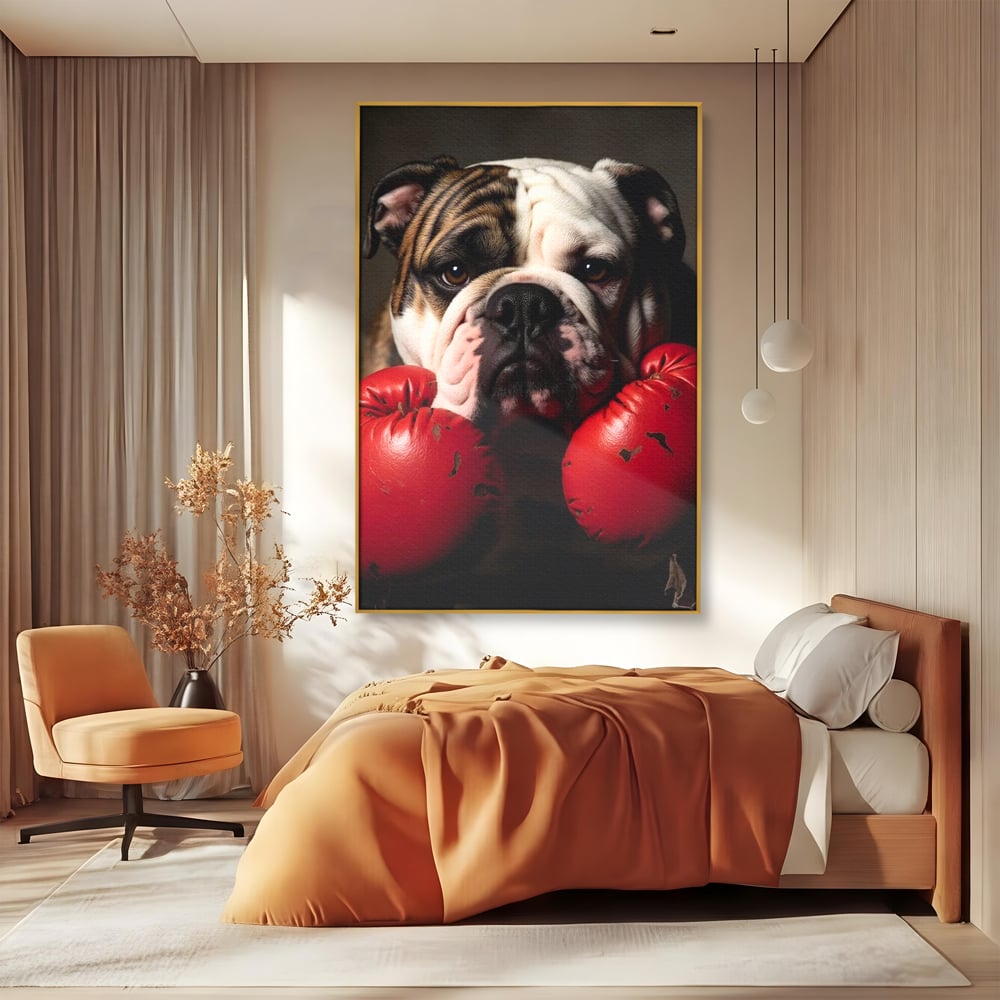 Tablou canvas cu tablou canvas cu bulldog in manusi de box, in rama de aluminiu auriu, pe perete intr-un dormitor