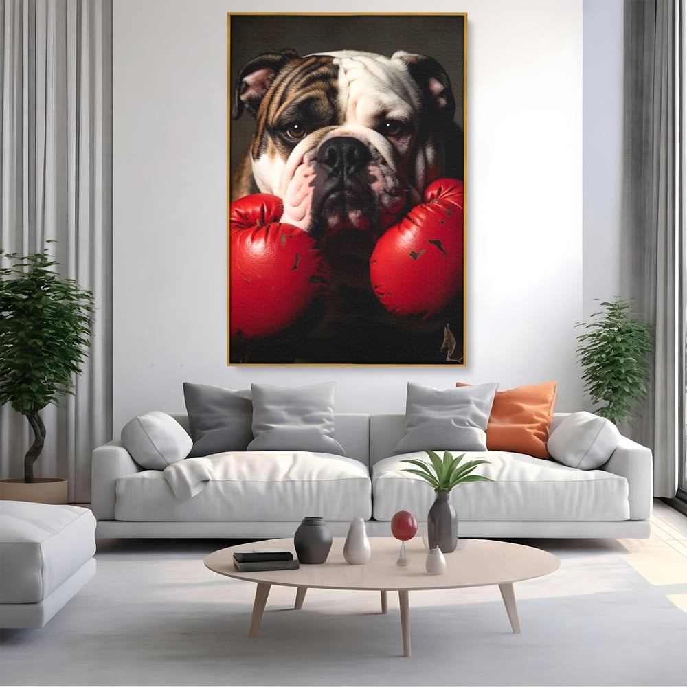 Tablou canvas cu tablou canvas cu bulldog in manusi de box, in rama de aluminiu auriu, pe perete intr-un living