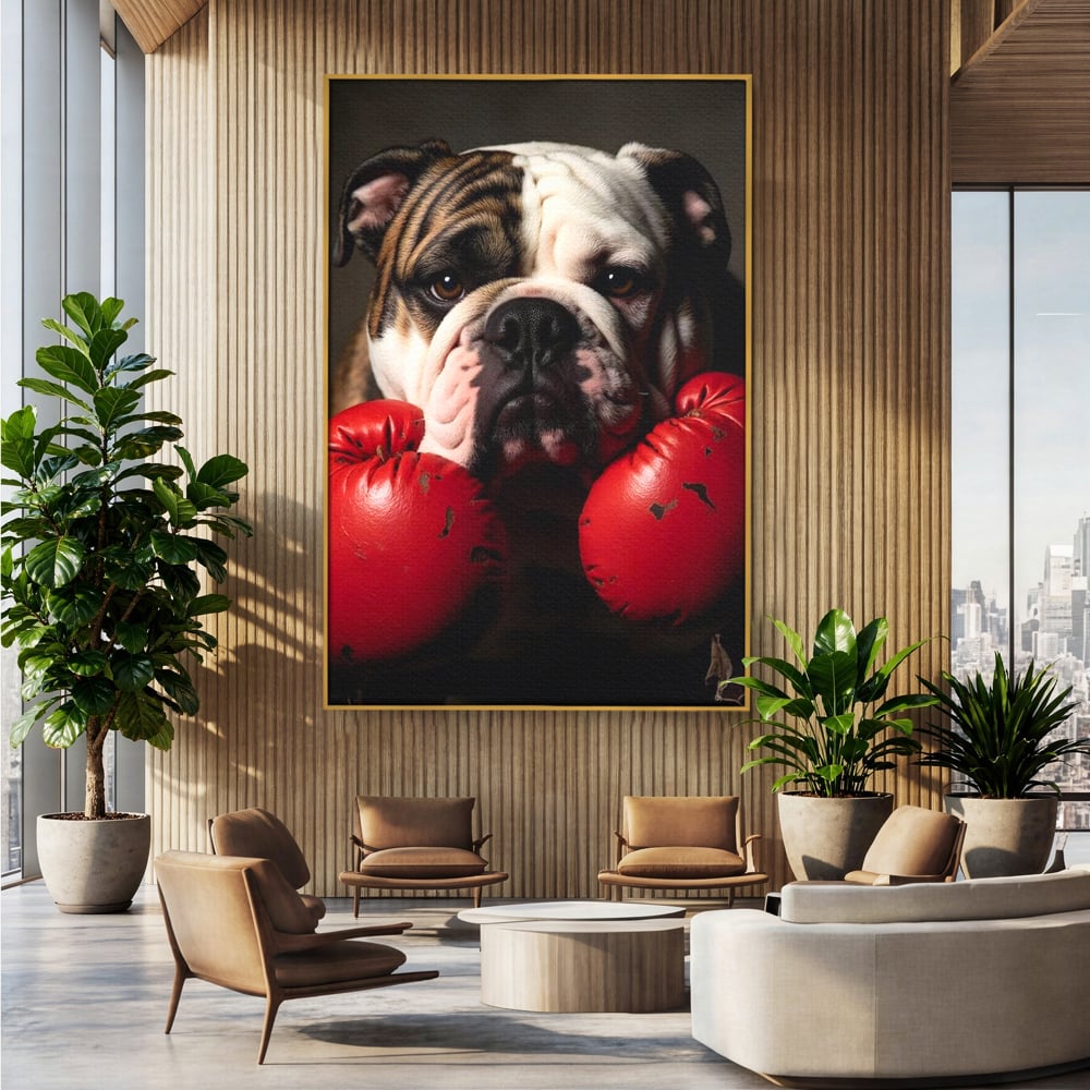 Tablou canvas cu tablou canvas cu bulldog in manusi de box, in rama de aluminiu auriu, pe perete intr-un birou