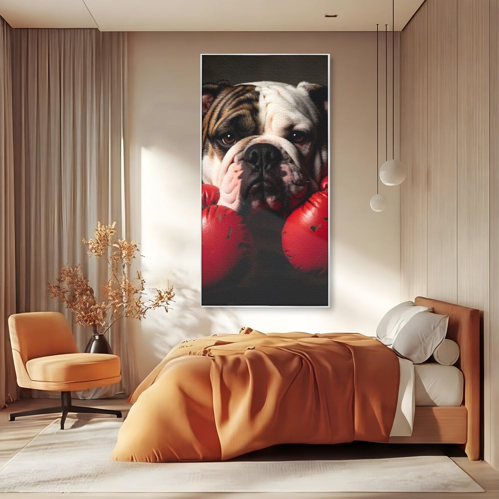 Tablou canvas cu tablou canvas cu bulldog in manusi de box, in rama de aluminiu argintiu, pe perete intr-un dormitor