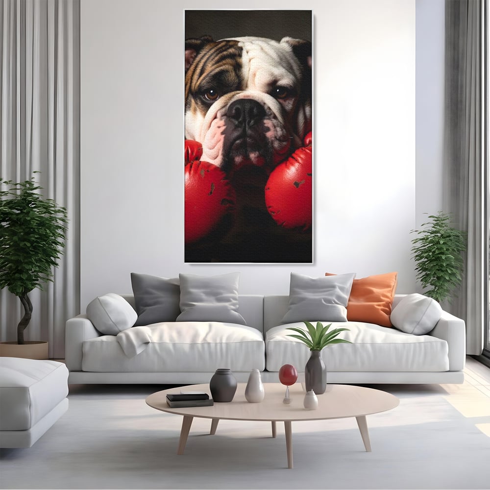 Tablou canvas cu tablou canvas cu bulldog in manusi de box, in rama de aluminiu argintiu, pe perete intr-un living