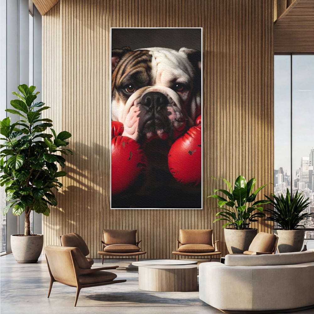 Tablou canvas cu tablou canvas cu bulldog in manusi de box, in rama de aluminiu argintiu, pe perete intr-un birou