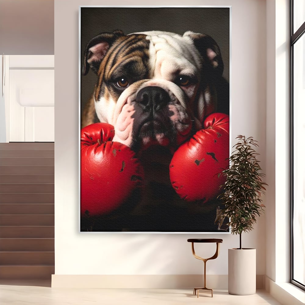 Tablou canvas cu tablou canvas cu bulldog in manusi de box, in rama de aluminiu argintiu