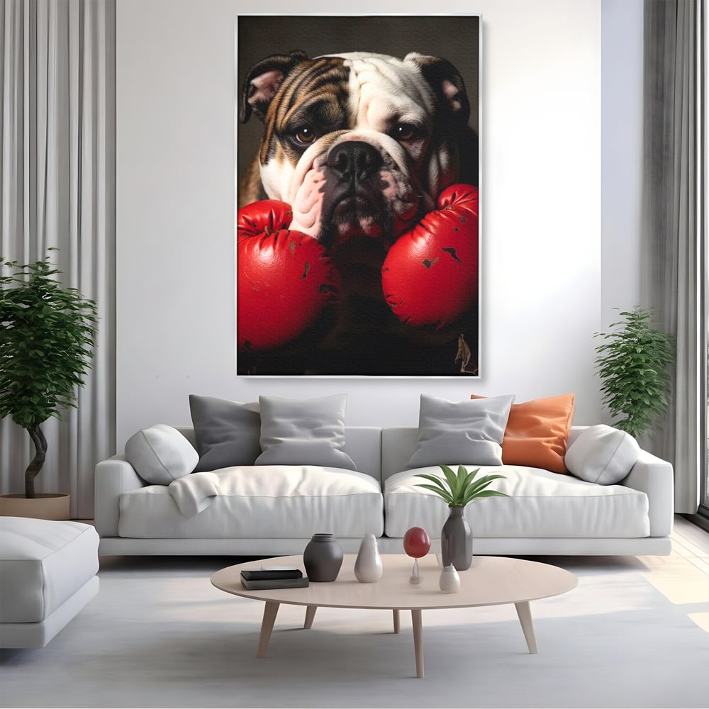 Tablou canvas cu tablou canvas cu bulldog in manusi de box, in rama de aluminiu argintiu, pe perete intr-un living