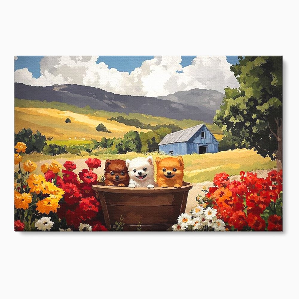 Tablou canvas cu pictura cu trei catelusi in butoi, fara rama, pe sasiu de lemn