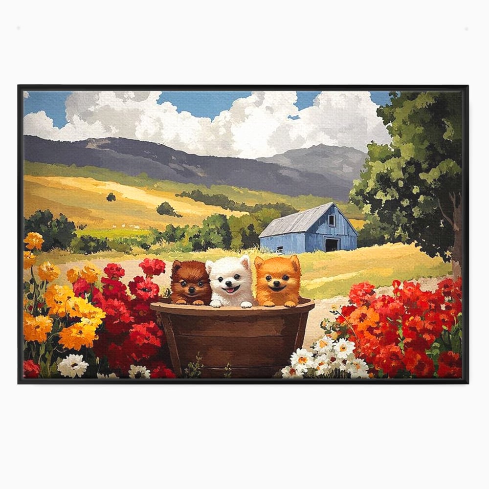 Tablou canvas cu pictura cu trei catelusi in butoi, in rama de aluminiu negru