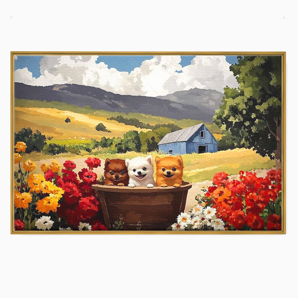 Tablou canvas cu pictura cu trei catelusi in butoi, in rama de aluminiu auriu