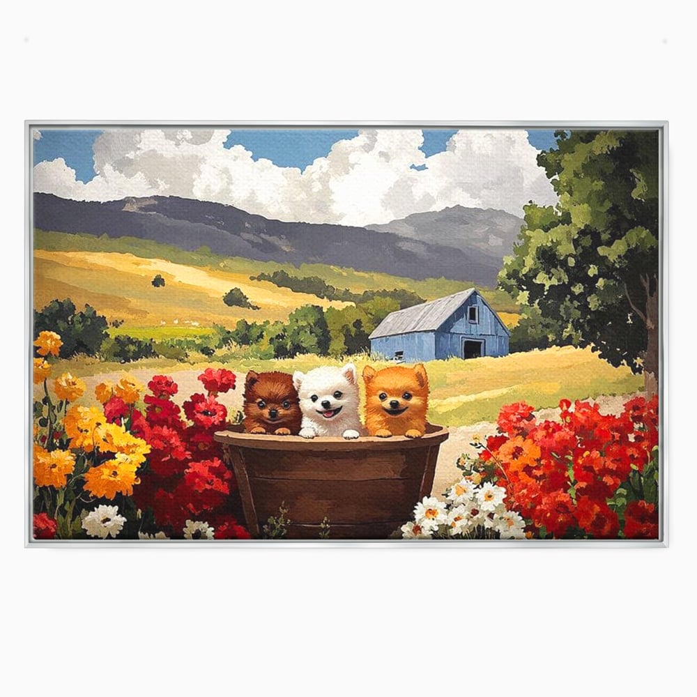 Tablou canvas cu pictura cu trei catelusi in butoi, in rama de aluminiu argintiu