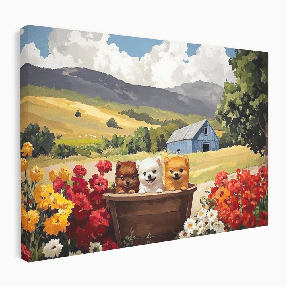 Tablou canvas cu pictura cu trei catelusi in butoi, fara rama, pe sasiu de lemn