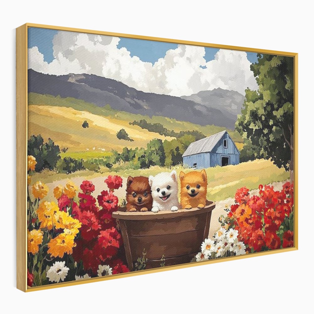 Tablou canvas cu pictura cu trei catelusi in butoi, in rama de aluminiu auriu