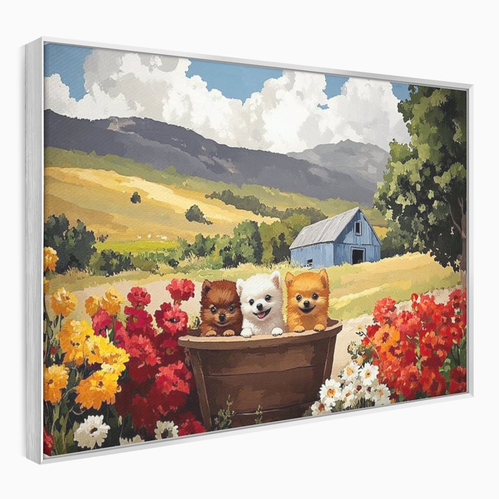 Tablou canvas cu pictura cu trei catelusi in butoi, in rama de aluminiu argintiu