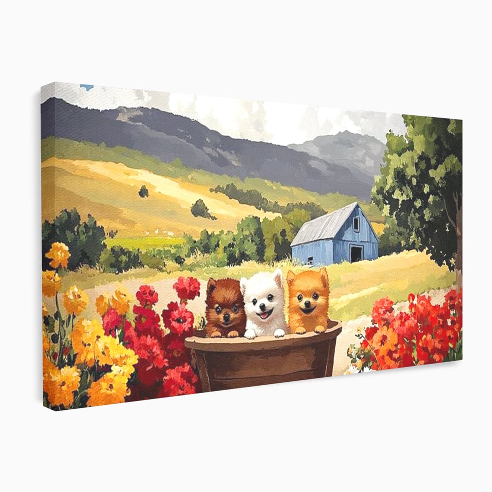Tablou canvas cu pictura cu trei catelusi in butoi, fara rama, pe sasiu de lemn