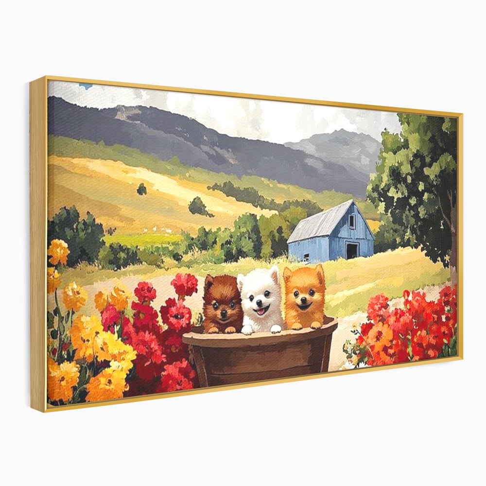 Tablou canvas cu pictura cu trei catelusi in butoi, in rama de aluminiu auriu