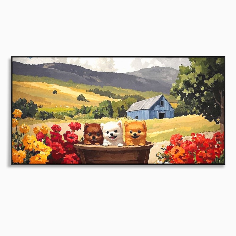 Tablou canvas cu pictura cu trei catelusi in butoi, in rama de aluminiu negru