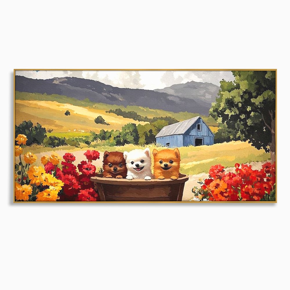 Tablou canvas cu pictura cu trei catelusi in butoi, in rama de aluminiu auriu
