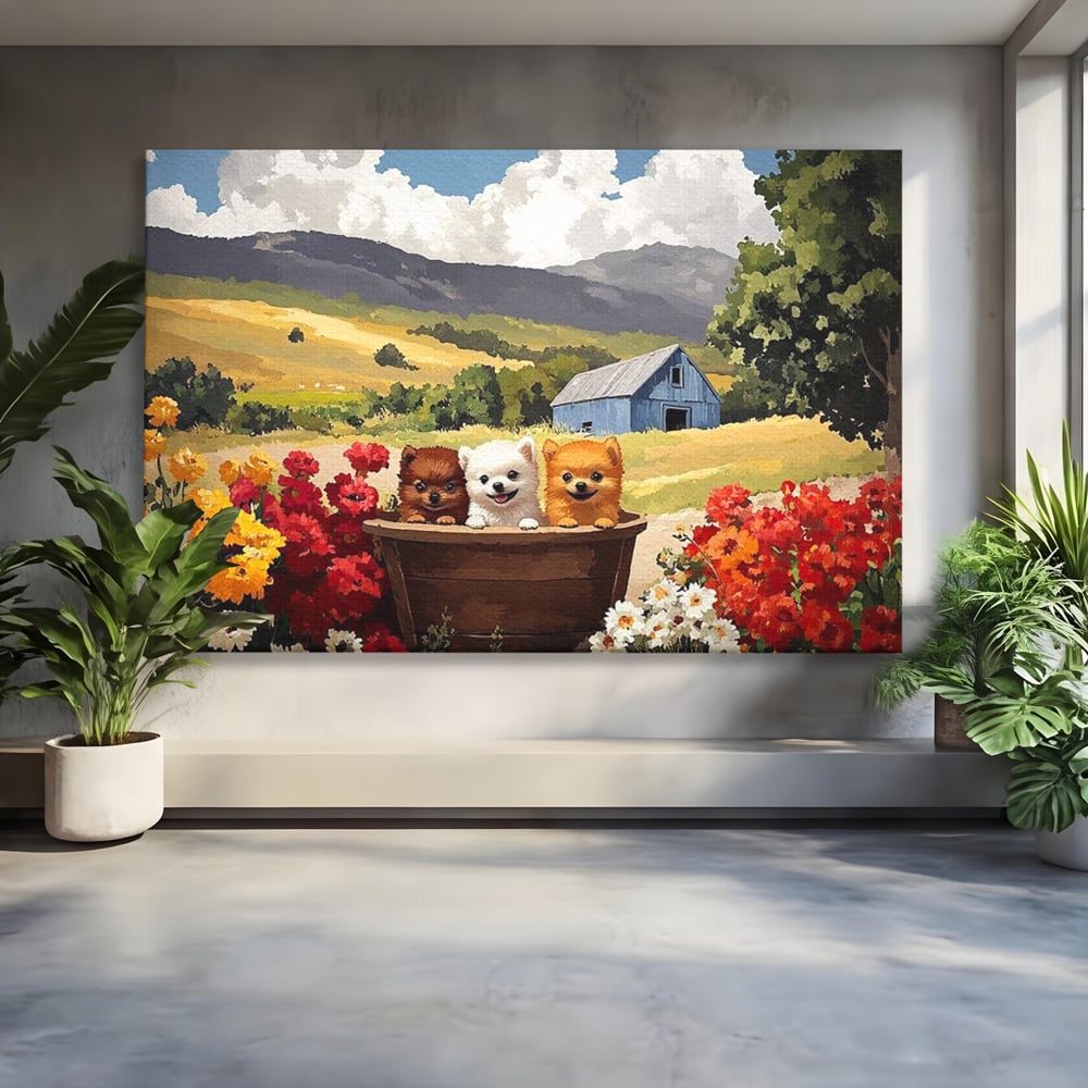 Tablou canvas cu pictura cu trei catelusi in butoi, fara rama, pe sasiu de lemn