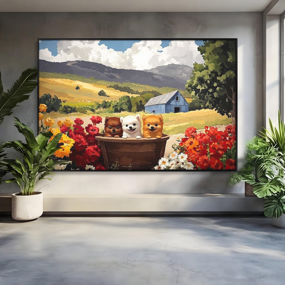 Tablou canvas cu pictura cu trei catelusi in butoi, in rama de aluminiu negru