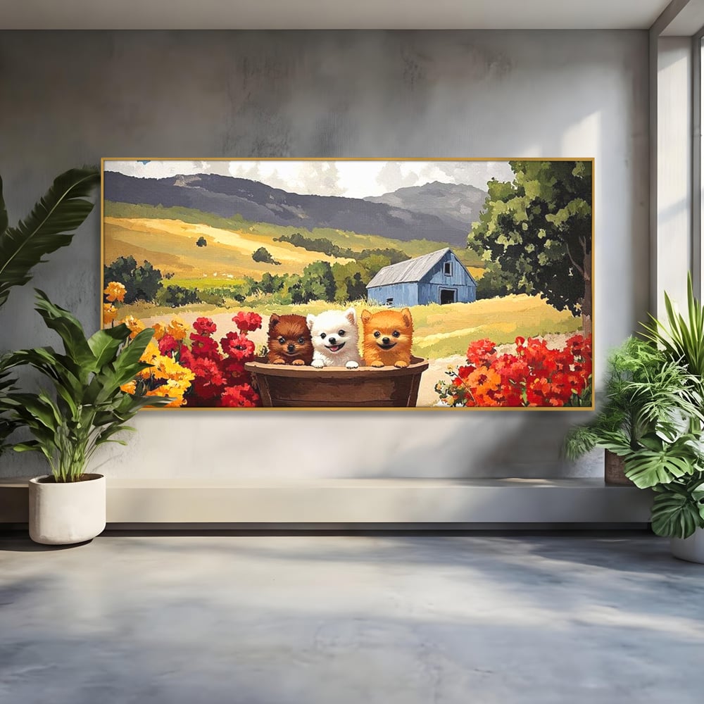 Tablou canvas cu pictura cu trei catelusi in butoi, in rama de aluminiu auriu