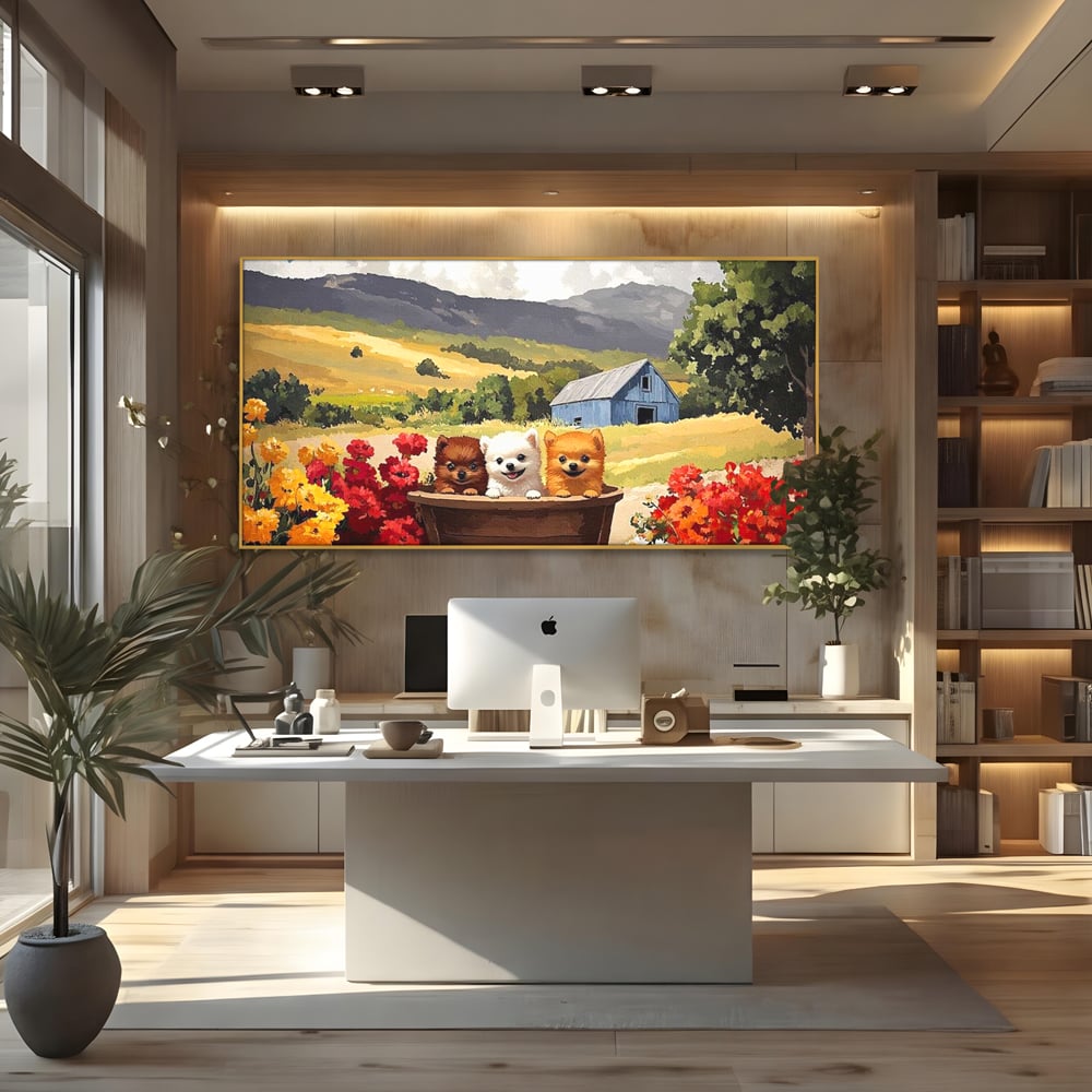 Tablou canvas cu pictura cu trei catelusi in butoi, in rama de aluminiu auriu, pe perete intr-un birou