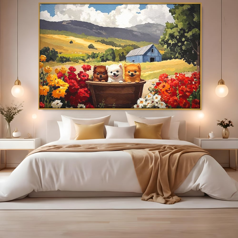 Tablou canvas cu pictura cu trei catelusi in butoi, in rama de aluminiu auriu, pe perete intr-un dormitor