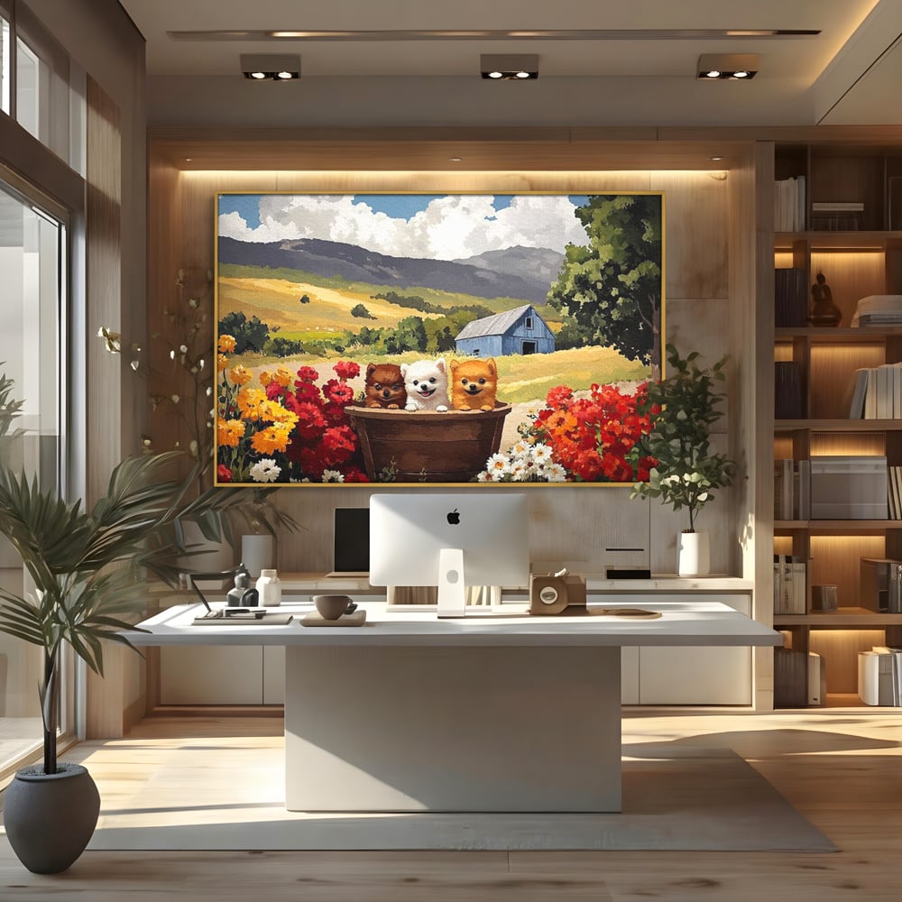 Tablou canvas cu pictura cu trei catelusi in butoi, in rama de aluminiu auriu, pe perete intr-un birou