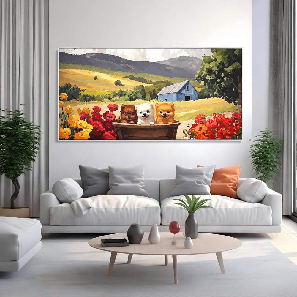 Tablou canvas cu pictura cu trei catelusi in butoi, in rama de aluminiu argintiu, pe perete intr-un living