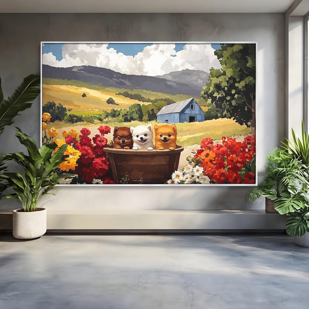 Tablou canvas cu pictura cu trei catelusi in butoi, in rama de aluminiu argintiu