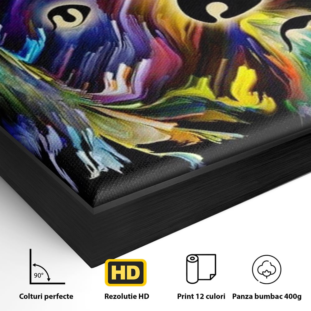 Detaliu al suprafetei: tablou canvas cu un catel multicolor, in rama de aluminiu negru