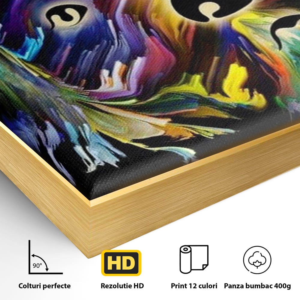 Detaliu al suprafetei: tablou canvas cu un catel multicolor, in rama de aluminiu auriu