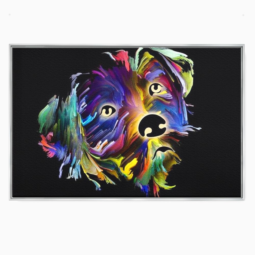 Tablou canvas cu tablou canvas cu un catel multicolor, in rama de aluminiu argintiu