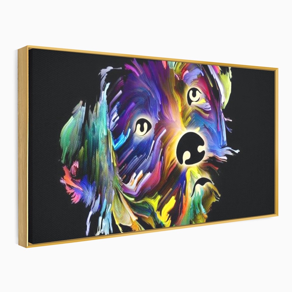 Tablou canvas cu tablou canvas cu un catel multicolor, in rama de aluminiu auriu