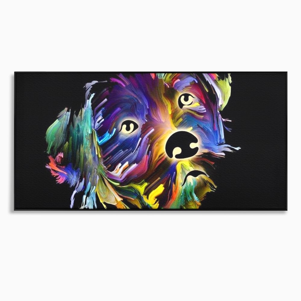 Tablou canvas cu tablou canvas cu un catel multicolor, in rama de aluminiu negru