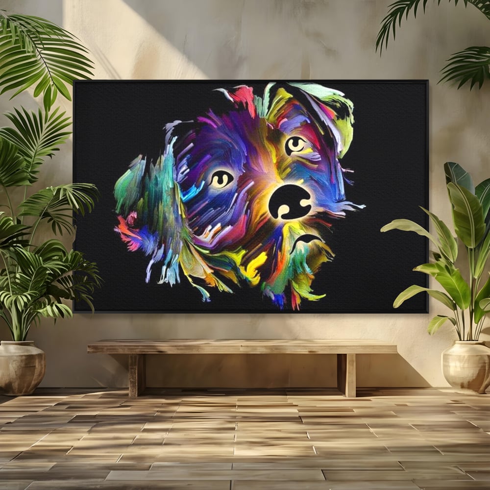 Tablou canvas cu tablou canvas cu un catel multicolor, in rama de aluminiu negru