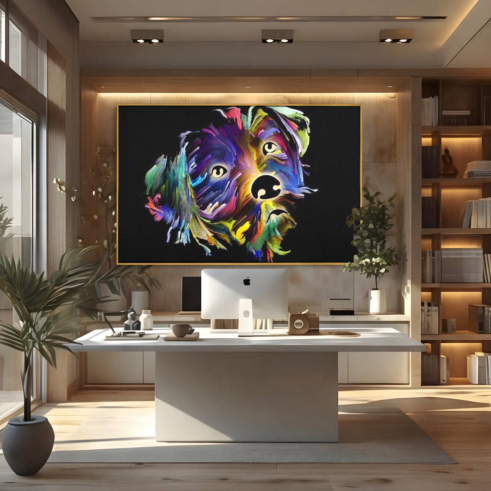 Tablou canvas cu tablou canvas cu un catel multicolor, in rama de aluminiu auriu, pe perete intr-un birou