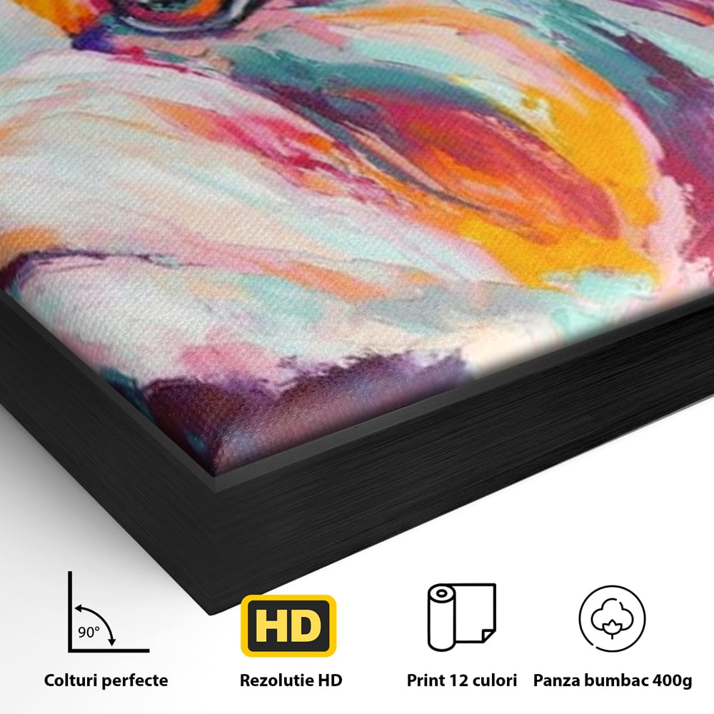 Detaliu al suprafetei: tablou canvas cu pictura in ulei reprezentand un catel yorkshire, in rama de aluminiu negru