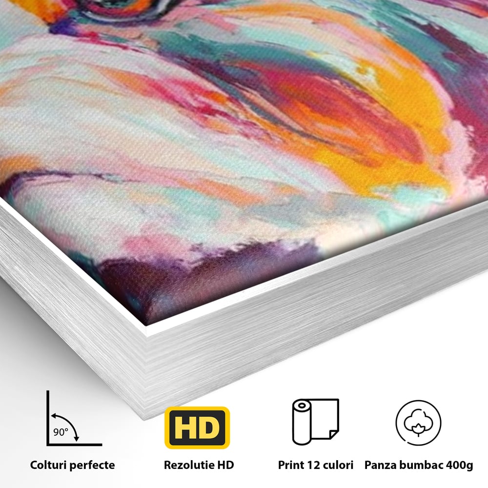 Detaliu al suprafetei: tablou canvas cu pictura in ulei reprezentand un catel yorkshire, in rama de aluminiu argintiu