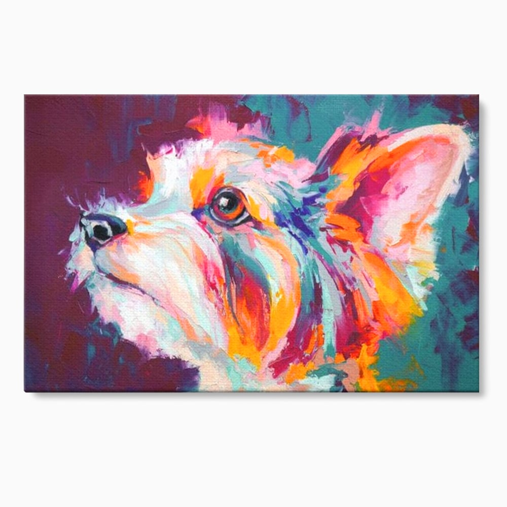 Tablou canvas cu tablou canvas cu pictura in ulei reprezentand un catel yorkshire, fara rama, pe sasiu de lemn