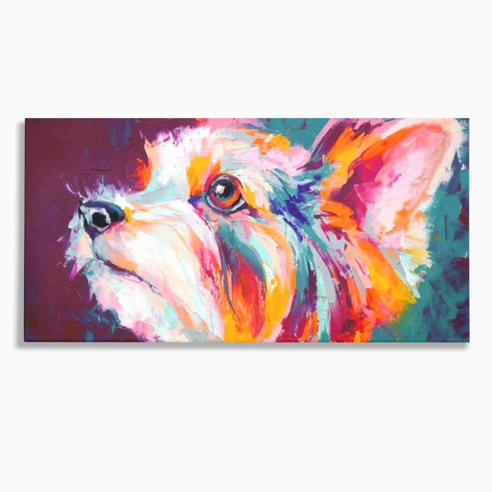 Tablou canvas cu tablou canvas cu pictura in ulei reprezentand un catel yorkshire, fara rama, pe sasiu de lemn