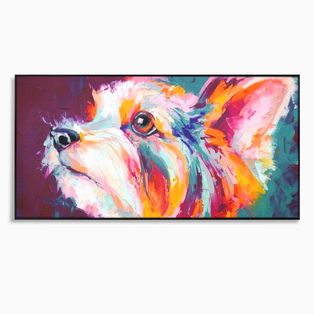 Tablou canvas cu tablou canvas cu pictura in ulei reprezentand un catel yorkshire, in rama de aluminiu negru