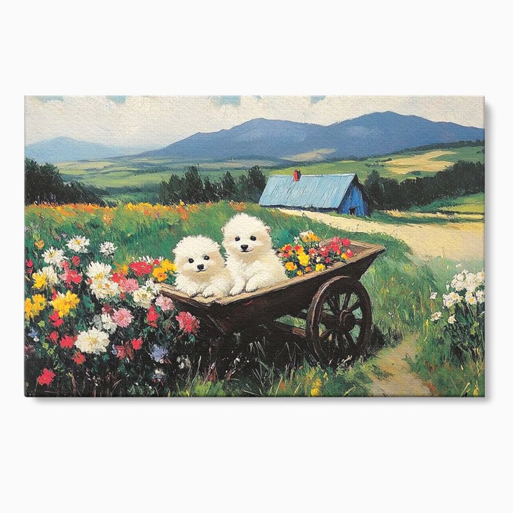 Tablou canvas cu tablou canvas cu catelusi intr-o roaba, fara rama, pe sasiu de lemn