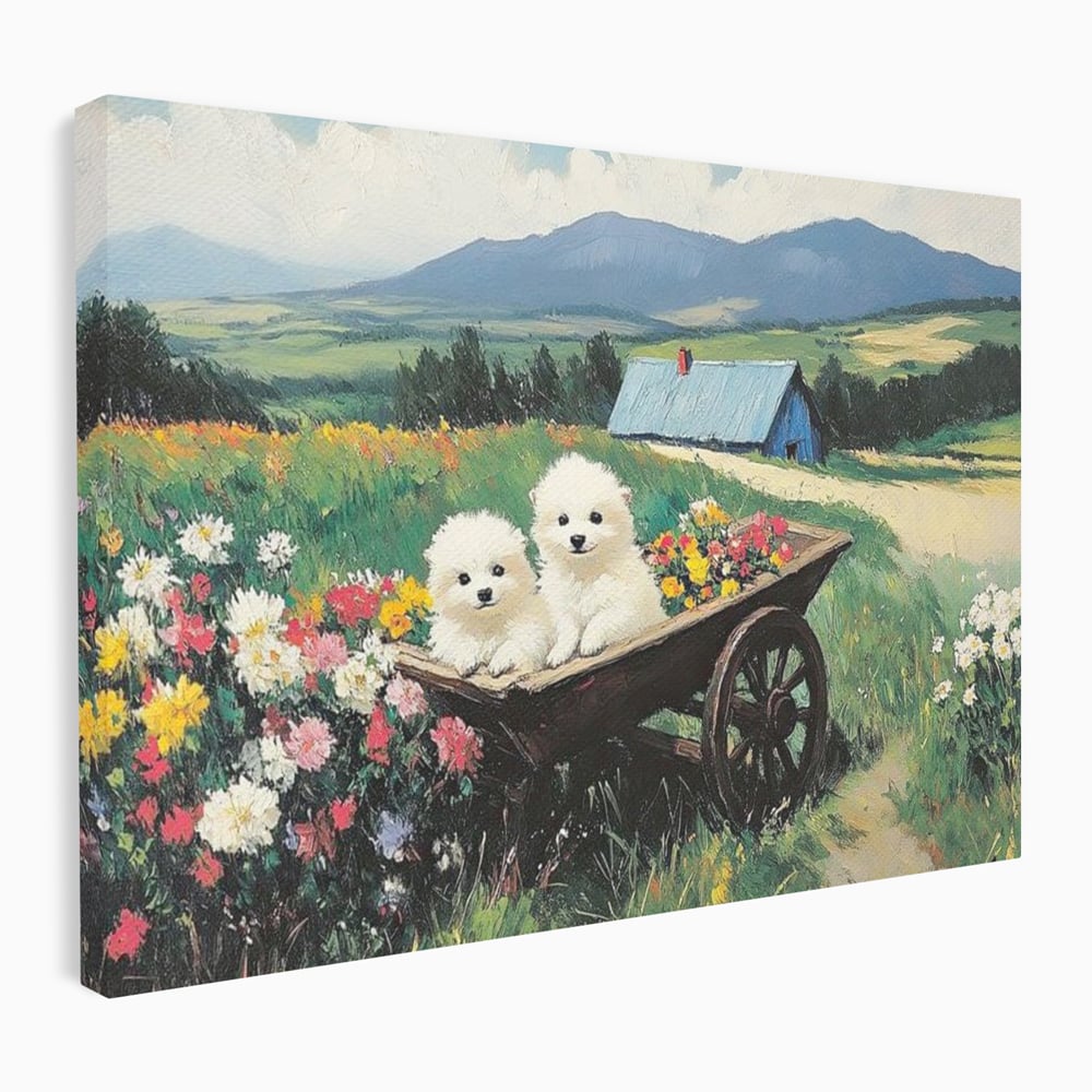 Tablou canvas cu tablou canvas cu catelusi intr-o roaba, fara rama, pe sasiu de lemn