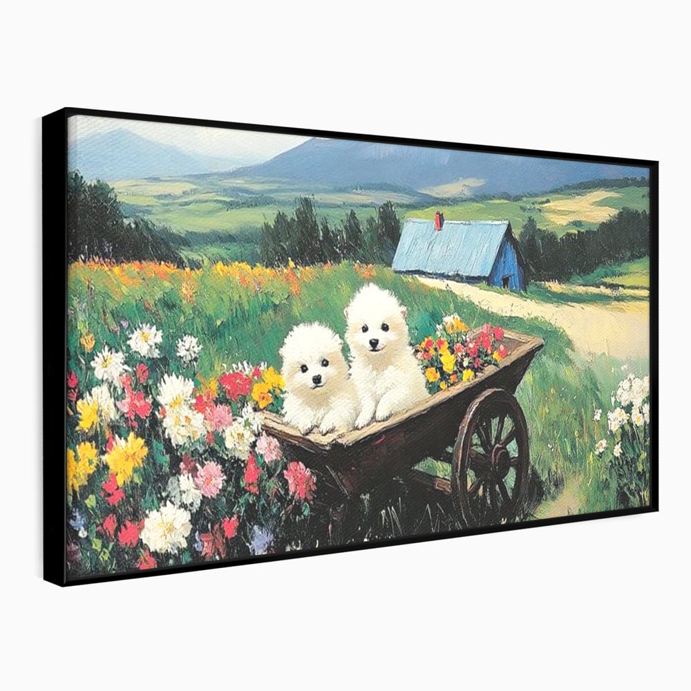 Tablou canvas cu tablou canvas cu catelusi intr-o roaba, in rama de aluminiu negru