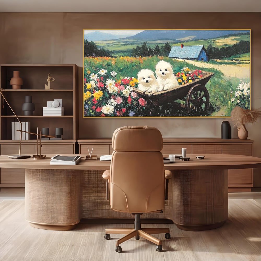 Tablou canvas cu tablou canvas cu catelusi intr-o roaba, in rama de aluminiu auriu, pe perete intr-un birou