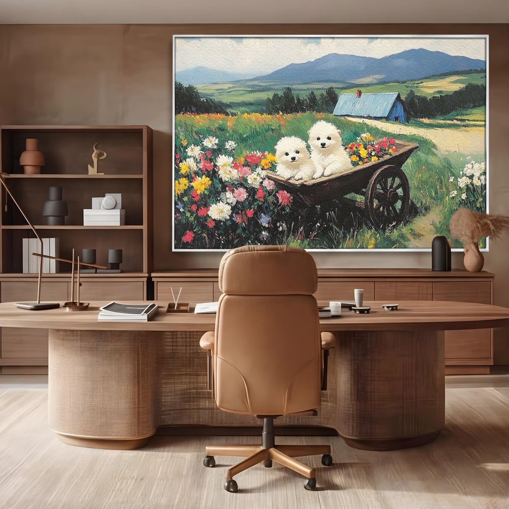 Tablou canvas cu tablou canvas cu catelusi intr-o roaba, in rama de aluminiu argintiu, pe perete intr-un birou