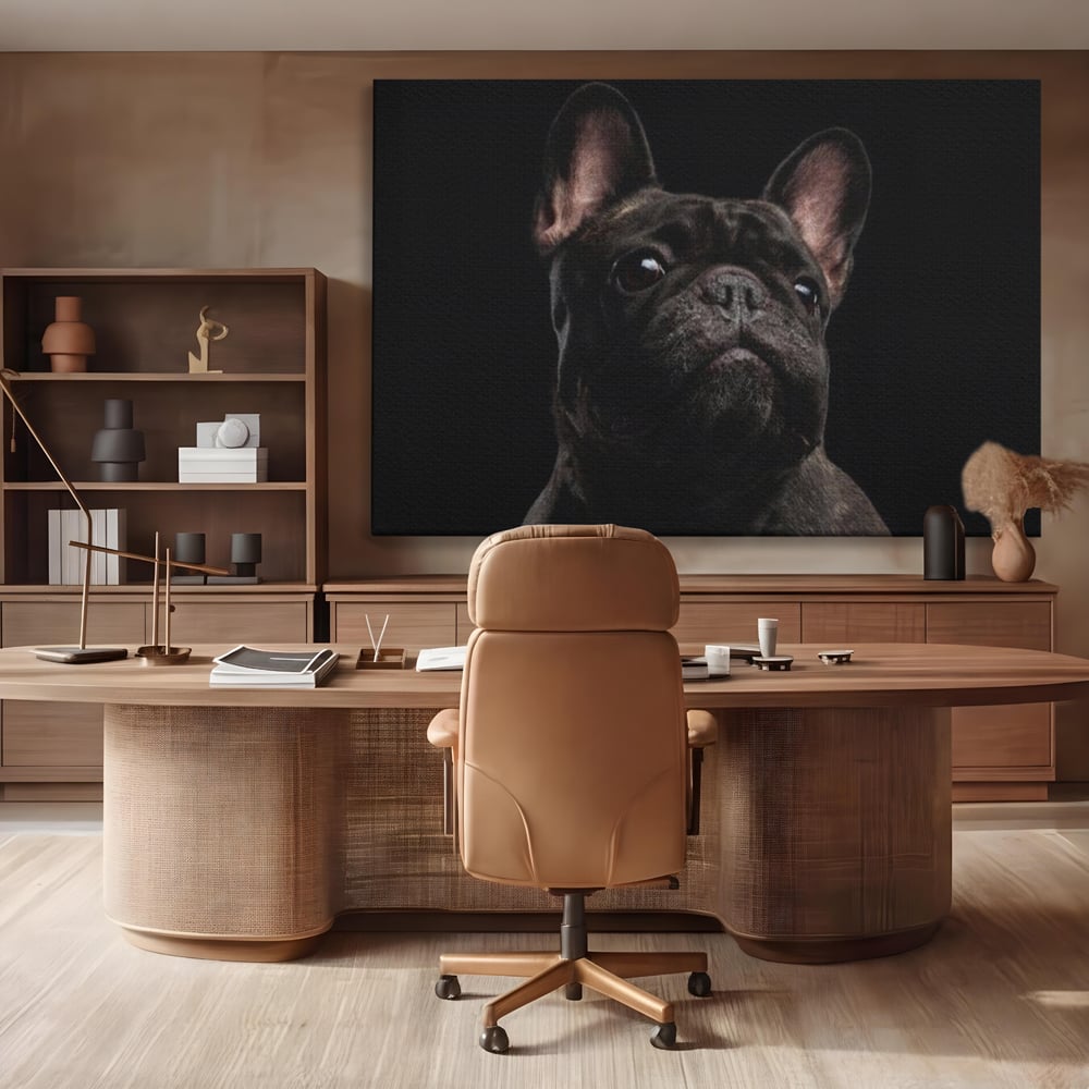 Tablou canvas cu tablou canvas cu bulldog in umbra, fara rama, pe sasiu de lemn, pe perete intr-un birou